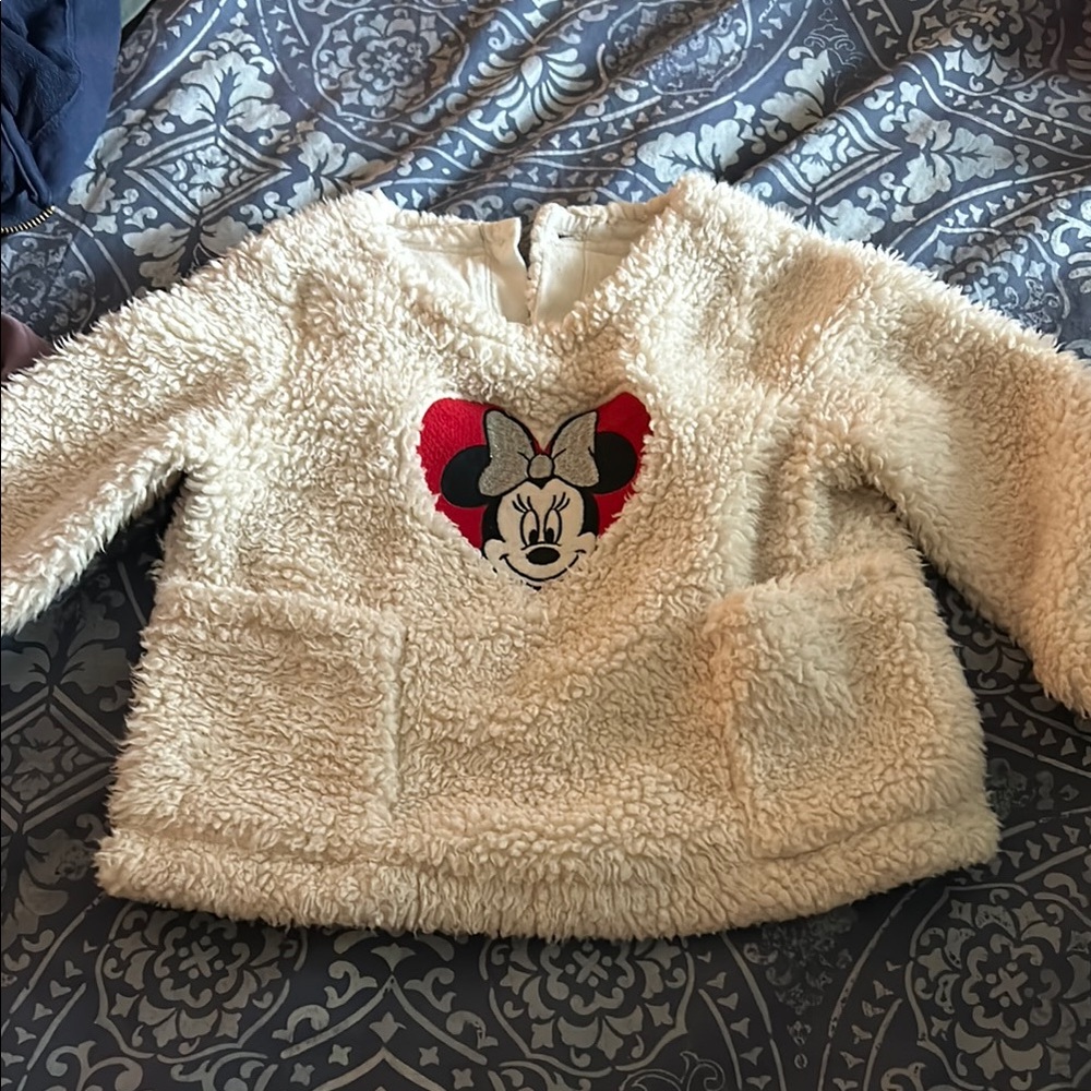 Cream Fuzzy Sweater with Minnie Mouse Design